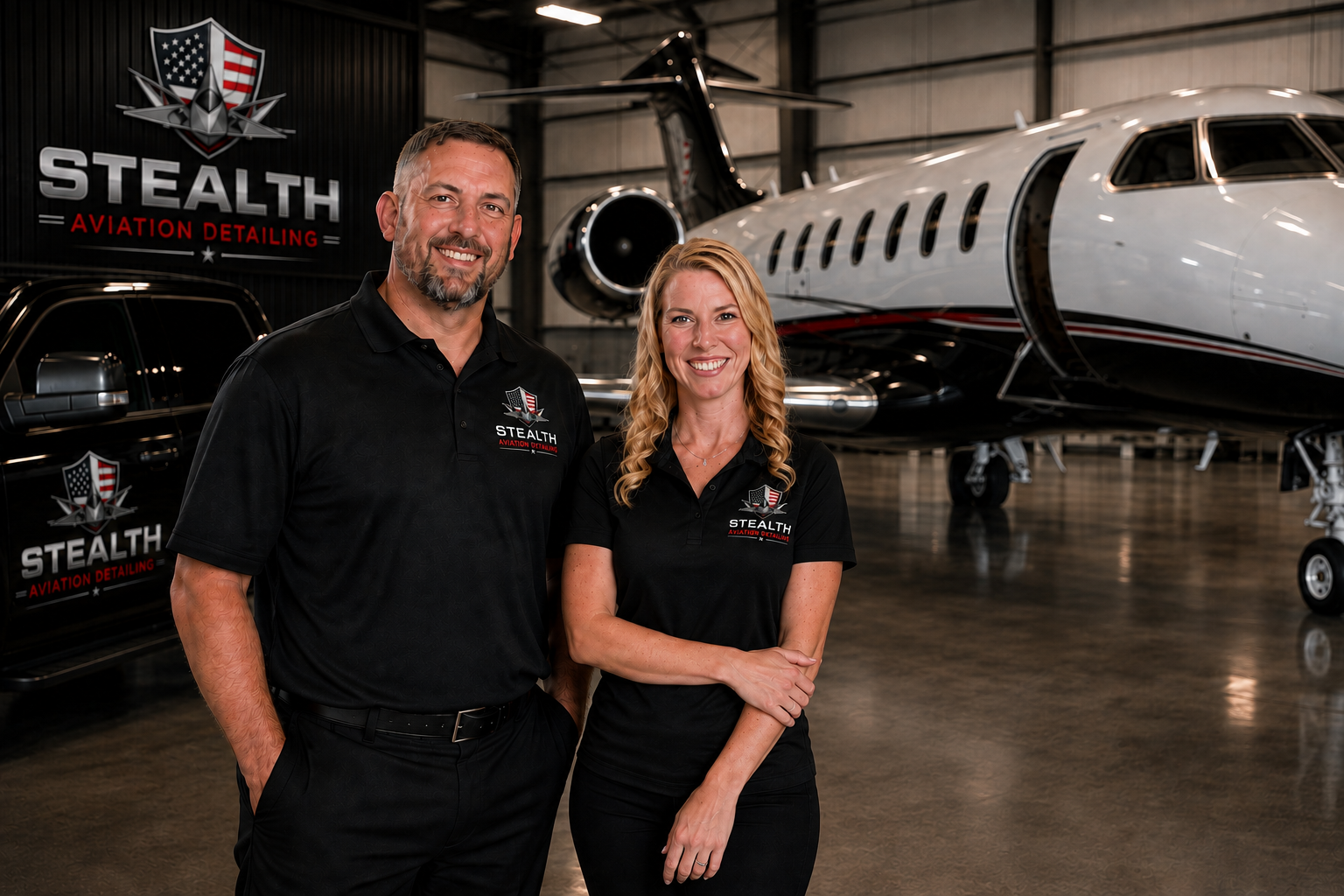 A picture of Matt Booster & Melissa Stokesbary who are the owners of Stealth Aviation Detailing in Portland, Oregon.
