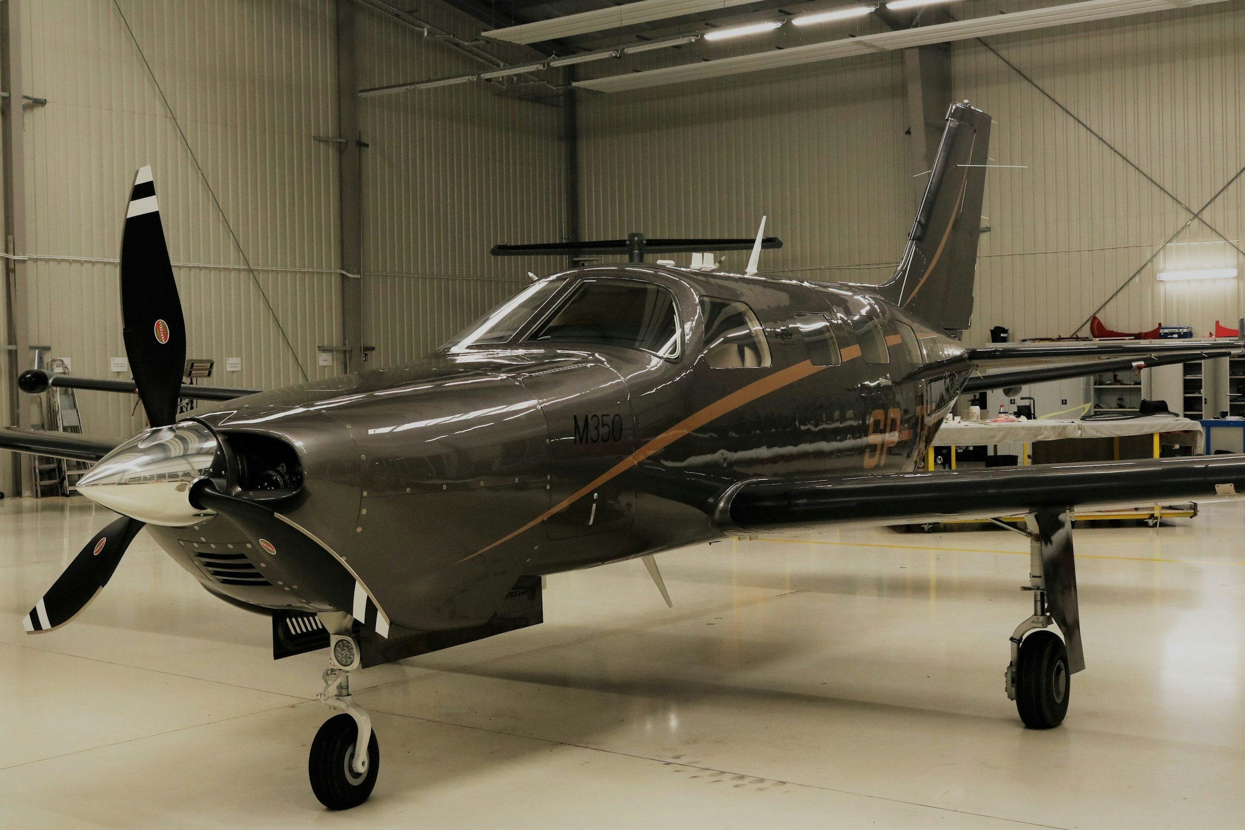 Detailed single engine GA aircraft in hangar after being cleaned inside and out by Stealth Aviation Detailing.