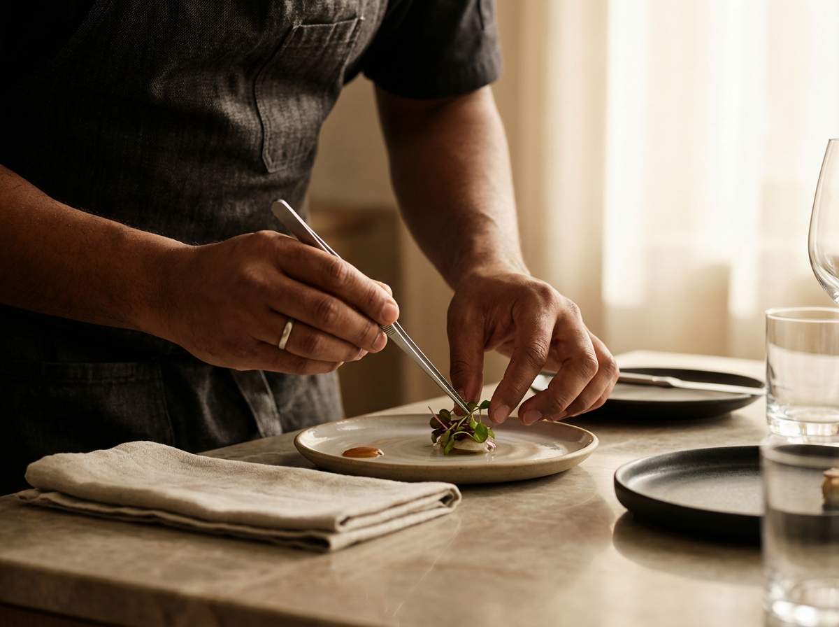A chef in a gray shirt decorates a dish with microgreens using tweezers in a warm, softly lit kitchen.