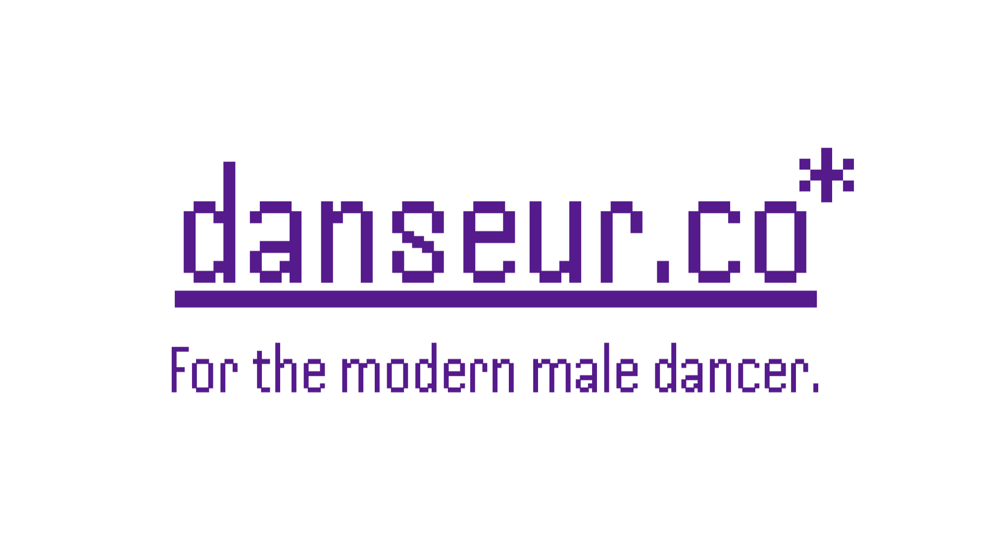 Dancer.co logo in pixel art style with a caption 'For the modern male dancer.' in purple text.