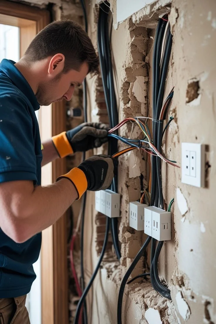 A man installing or repairing electrical wiring in a wall, with several outlets and wires visible in a partially demolished wall.
