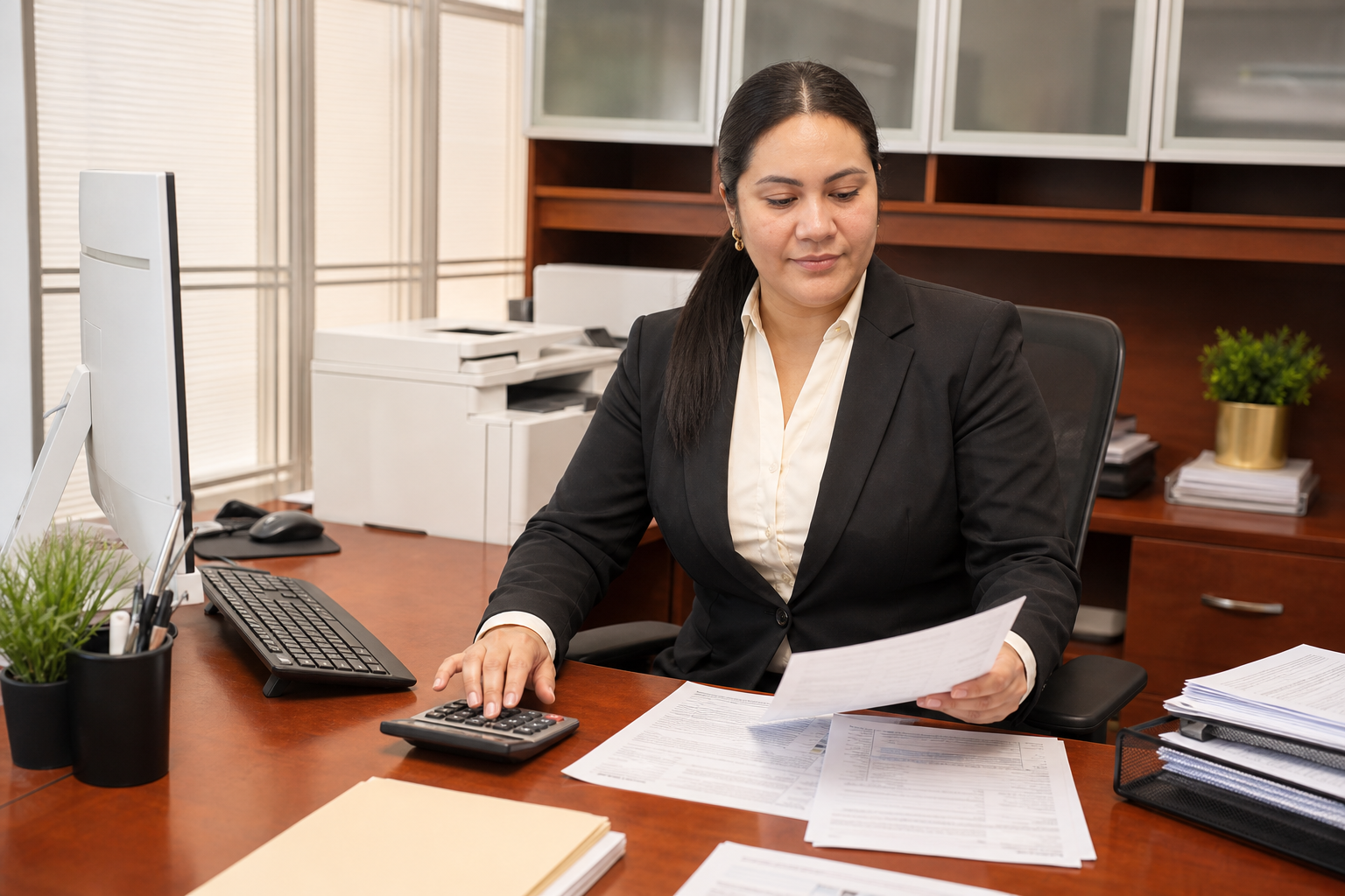 Businesswoman in a black suit working at her desk in an office, looking at documents. The desk has a potted plant, a computer monitor, a keyboard, a mouse, and stacks of papers.