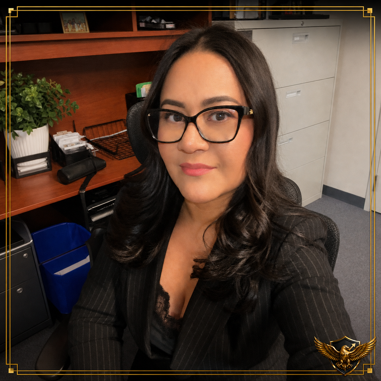 A woman with dark hair and glasses taking a selfie in an office. She is wearing a black blazer with pinstripes and has a neutral expression. Behind her are office supplies, a filing cabinet, and a bookshelf with decorative items.