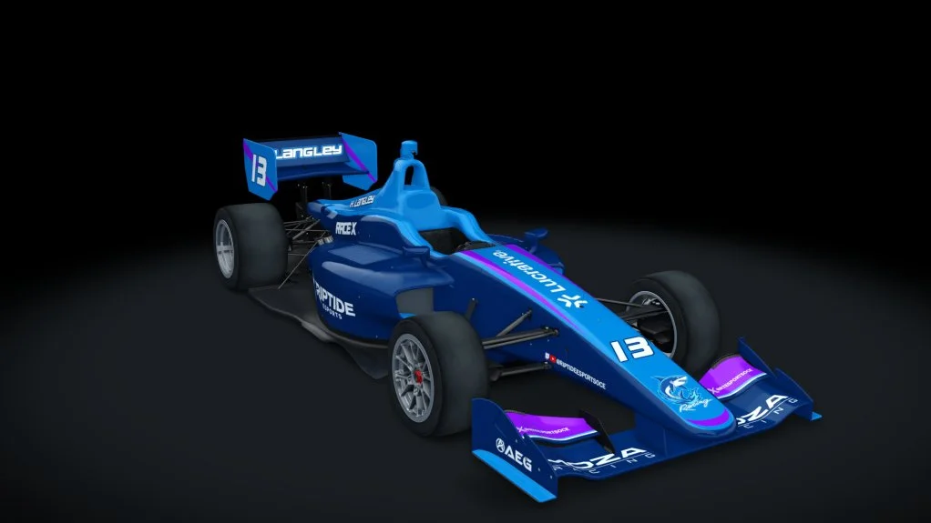 Blue and purple open-wheel race car with the number 13, displayed against a black background.