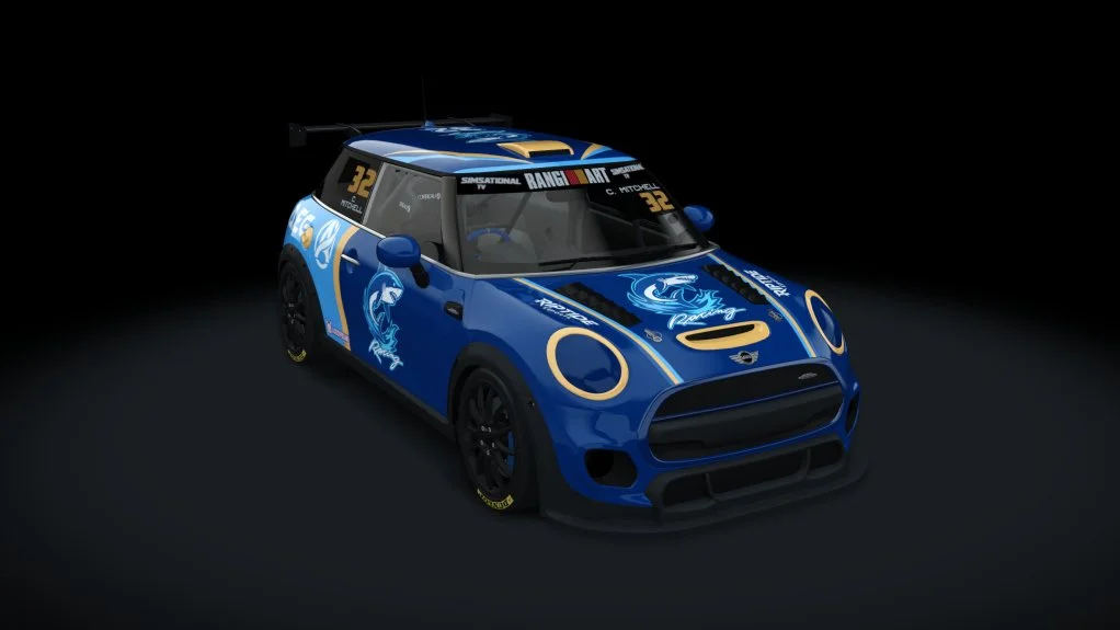 A blue race car with yellow accents, racing number 32, and a lizard logo on the hood and sides, isolated on a black background.