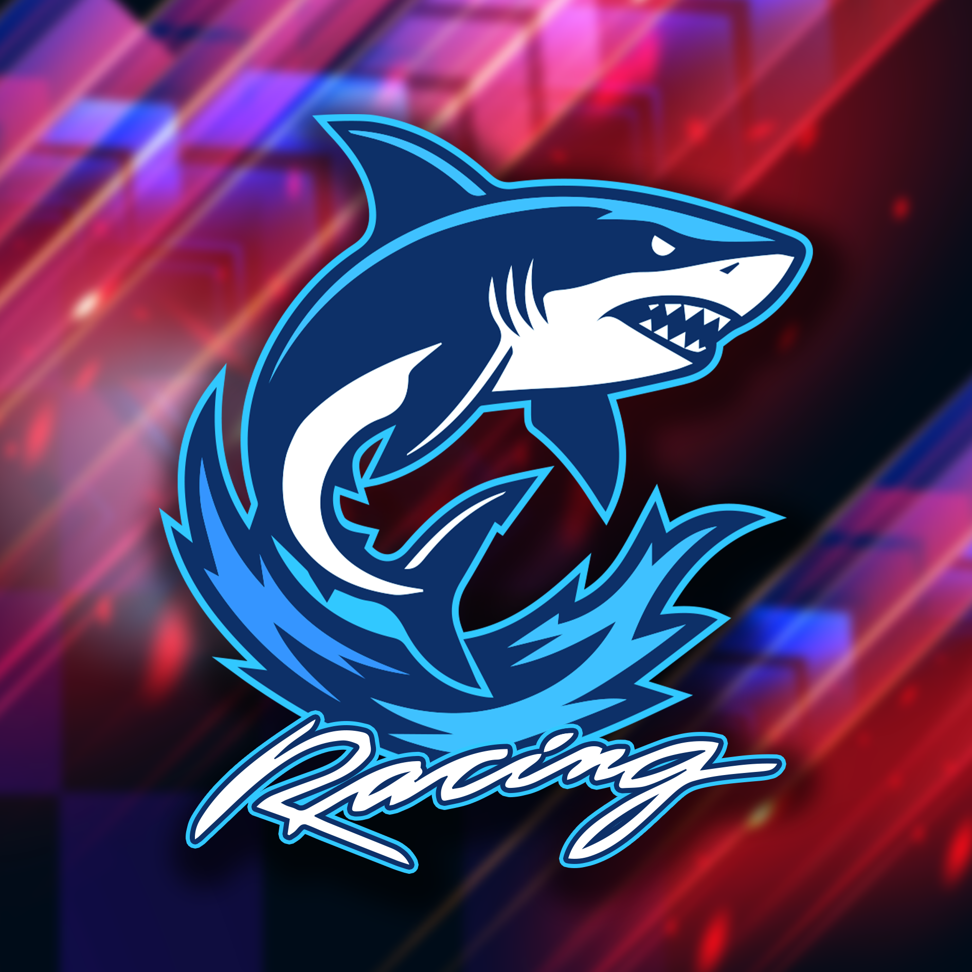 A stylized shark logo with blue and white colors on a colorful, abstract background. The shark has a fierce expression with sharp teeth visible.