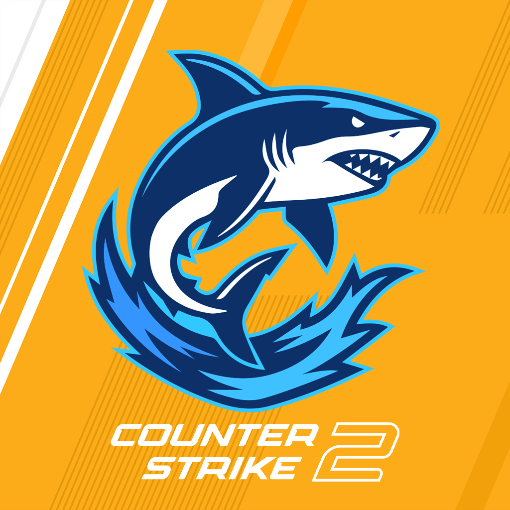 A graphic design featuring a fierce-looking shark with sharp teeth and a curved body, set against an orange background with stylized lines. The text "Counter Strike 2" is displayed at the bottom in white stylized font.