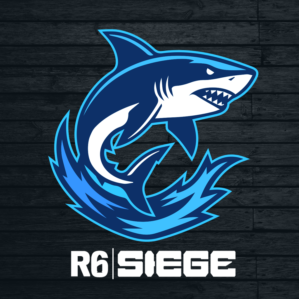 A logo featuring a stylized aggressive shark in shades of blue and white, with the words "R6 SIEGE" beneath it, set against a dark wooden background.