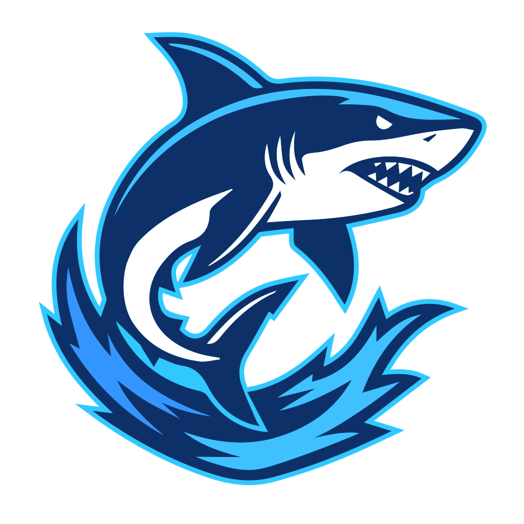 Illustration of a fierce shark jumping out of water with splashes, depicted in shades of blue and white.