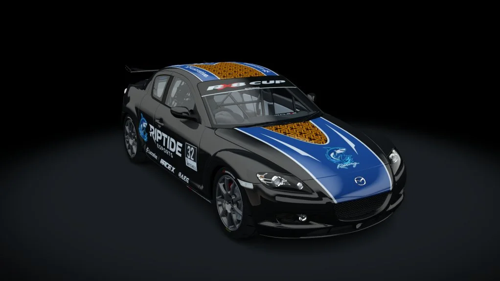 Black race car with blue and orange decals, racing sponsorship logos, and the Mazda emblem, on a dark background.