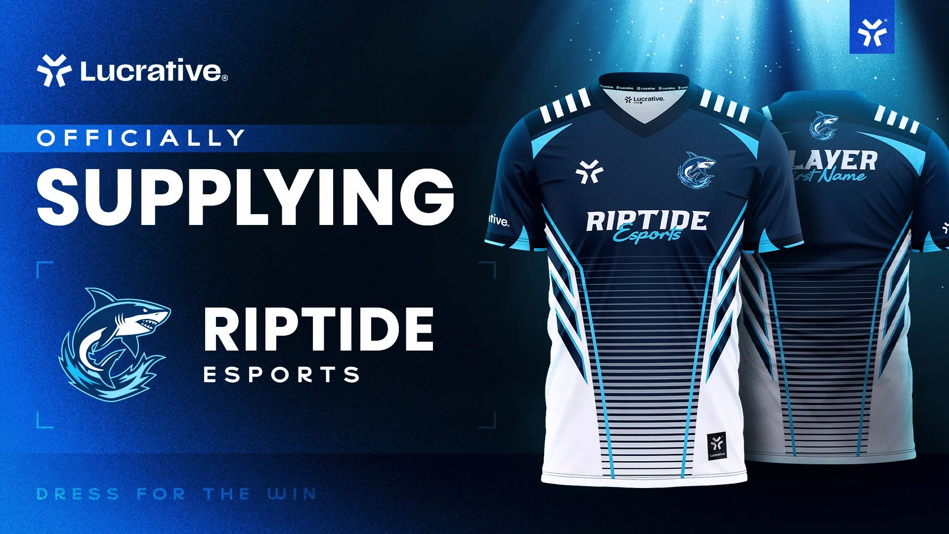 Official esports jersey for RipTide Esports, sponsored by Lucrative, with a shark logo and blue and white design.