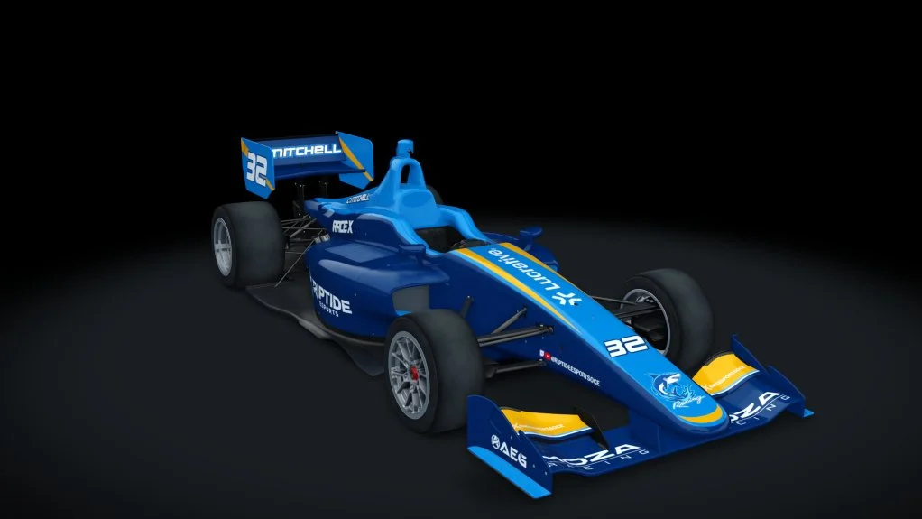 A blue Formula 1 race car with yellow accents, featuring sponsor decals and the number 32, displayed on a dark background.