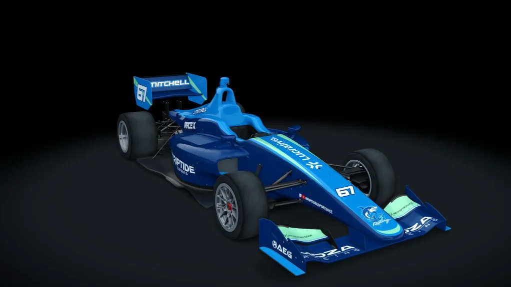 A blue Formula racing car with sponsors and logos, viewed from a front angle on a black background.