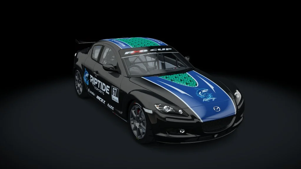 A black race car with blue and green decals, racing number 67, and various sponsor logos, shown on a dark background.