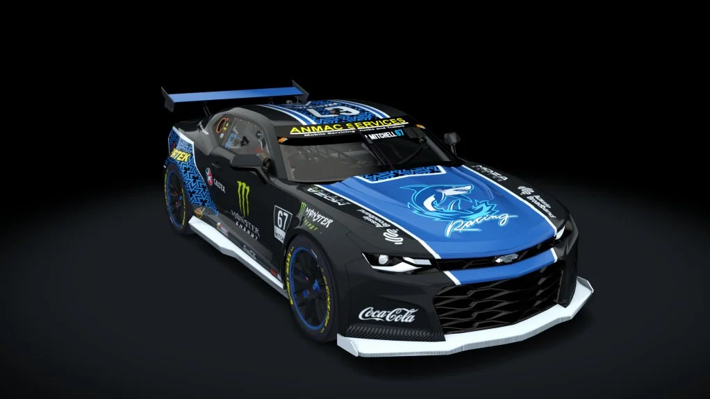 A black and blue race car with various sponsor logos, including Monster and Coca-Cola, displayed on a dark background.