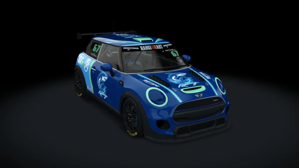 A blue racing Mini Cooper with a dragon logo on the hood, slick black wheels, and racing decals, positioned on a dark background.