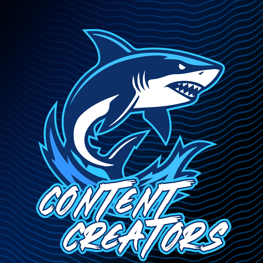 A stylized illustration of a shark jumping out of water with the text "Content Creators" in bold, white, graffiti-style font underneath. The background is dark with blue wavy lines.