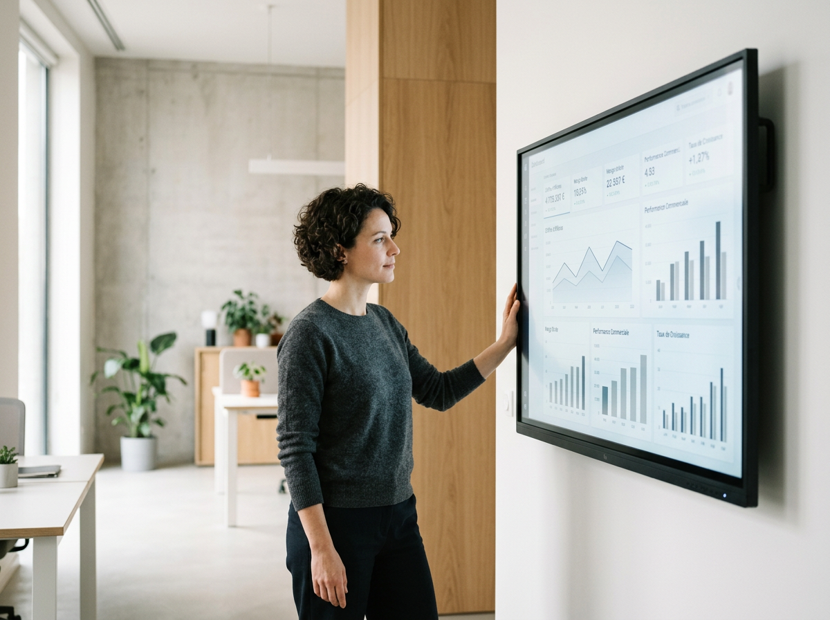 Femme regardant un écran avec des graphiques et des données financières dans un bureau moderne.