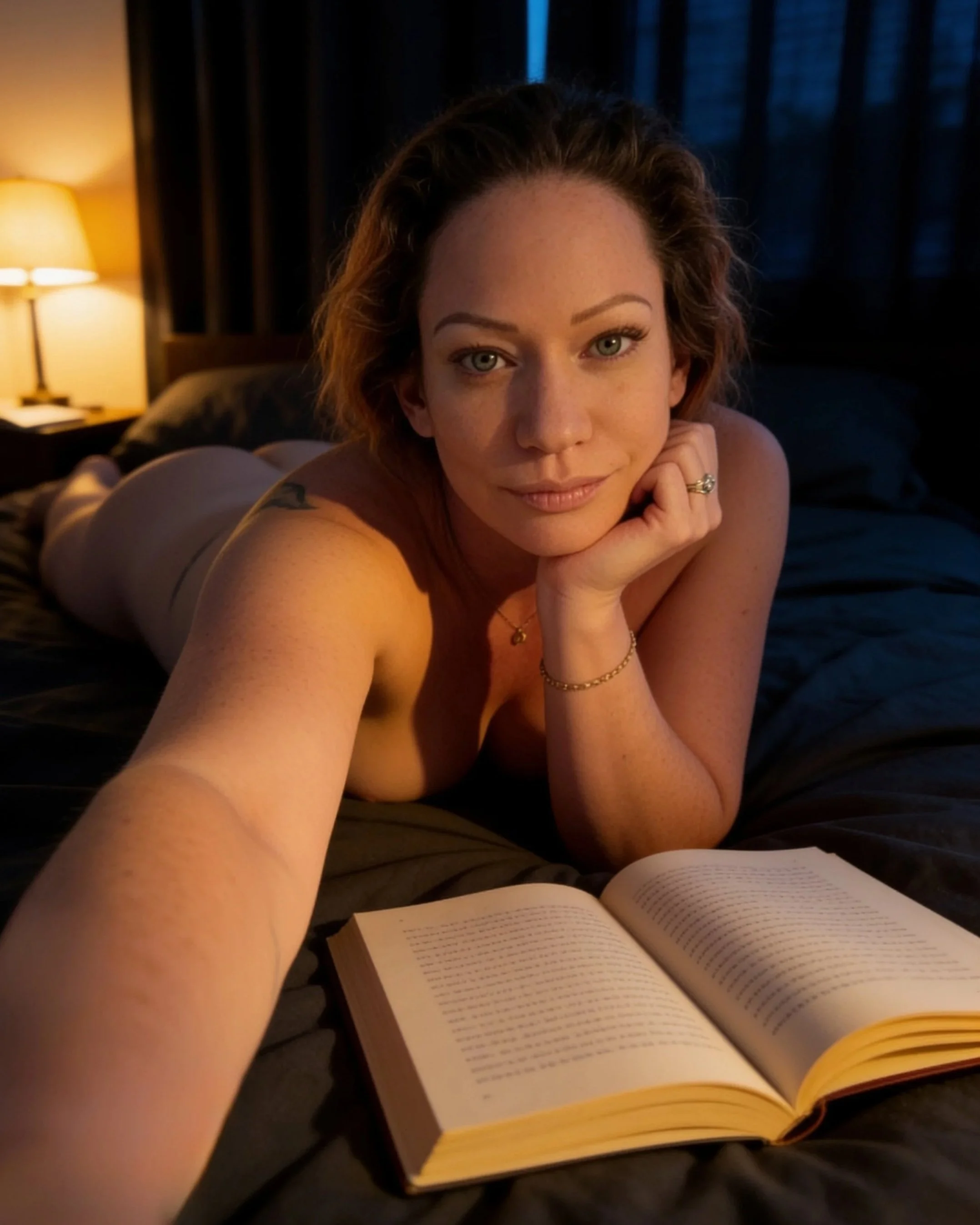 A woman with curly hair lying on her stomach on a bed, resting her chin on her hand, with an open book in front of her, in a dimly lit room with a bedside lamp.