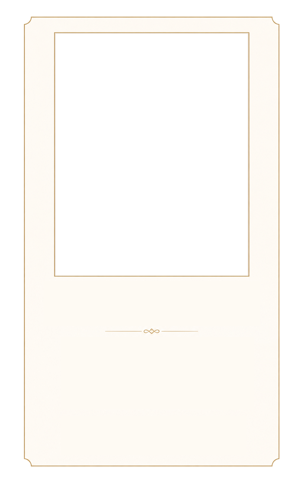 A blank, cream-colored card with a gold border and decorative elements, featuring a blank square space in the center.