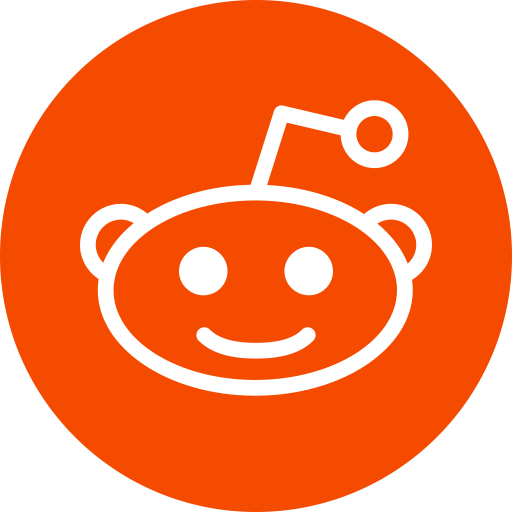 Red circular background with white Reddit alien mascot logo with antenna.