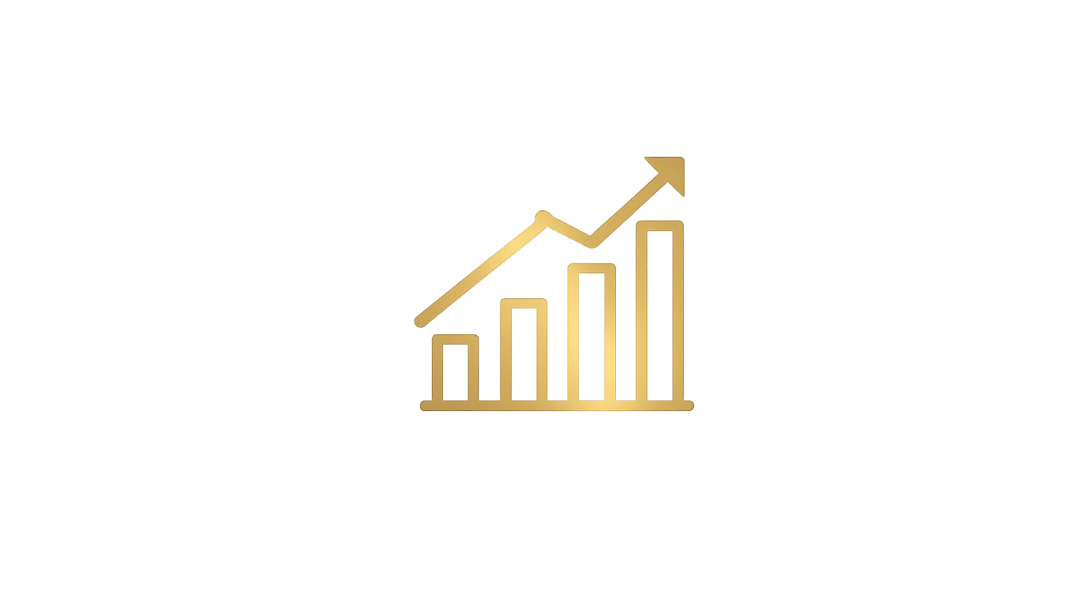 A gold-colored 3D bar chart with four bars increasing in height from left to right, topped with an upward-pointing arrow, symbolizing growth or progress.