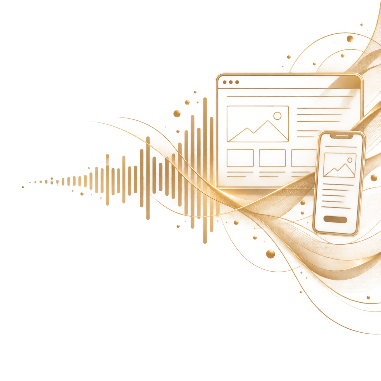 Digital illustration of mobile devices with graphs and data visualizations, blending into abstract swirling lines and colorful waves.