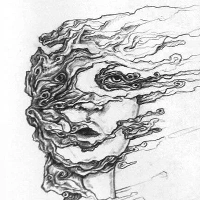 Abstract black and white drawing of a face formed by flowing, layered lines.