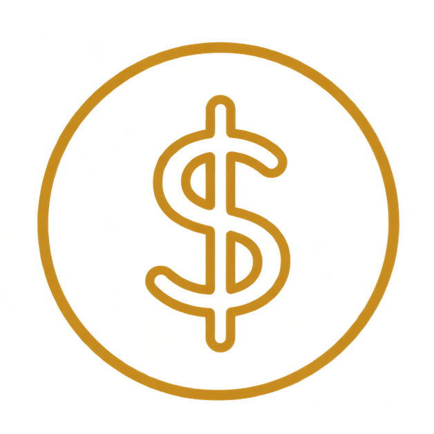 Gold outline of a dollar sign with the letter D inside, encircled by a gold ring.
