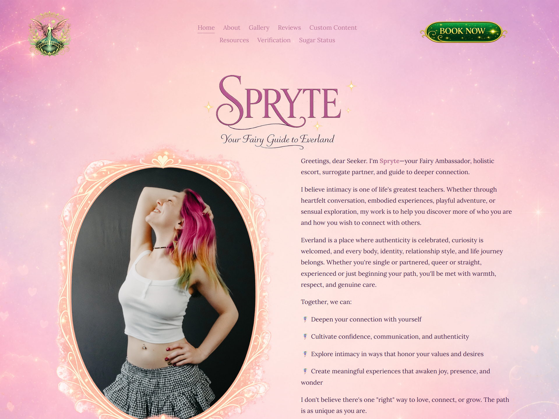 A webpage header with a fairy-themed design, featuring a pink background with sparkles, a logo of a fairy with butterfly wings, and a profile photo of a woman with colorful hair inside a decorative frame.