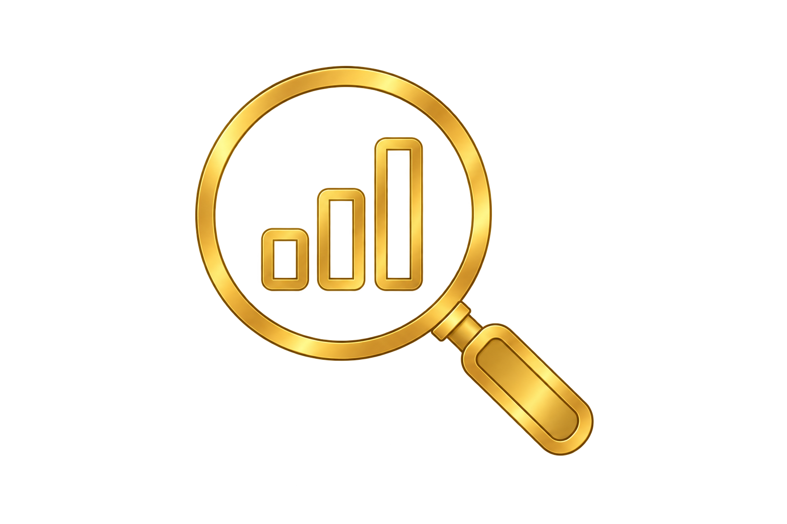 Golden magnifying glass focusing on a bar graph with three ascending bars.
