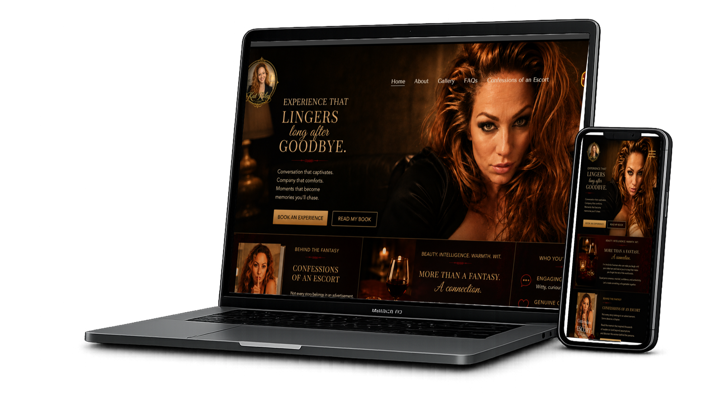 A laptop and smartphone display a website titled "Confessions of an Escort" with a woman with red hair on the screen, and the background is dark with warm lighting.