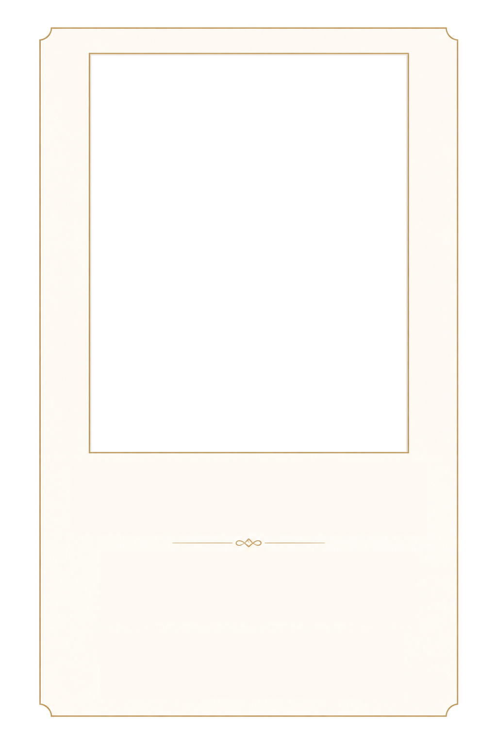 Blank wedding or event invitation with gold accents and a large centered photo placeholder.