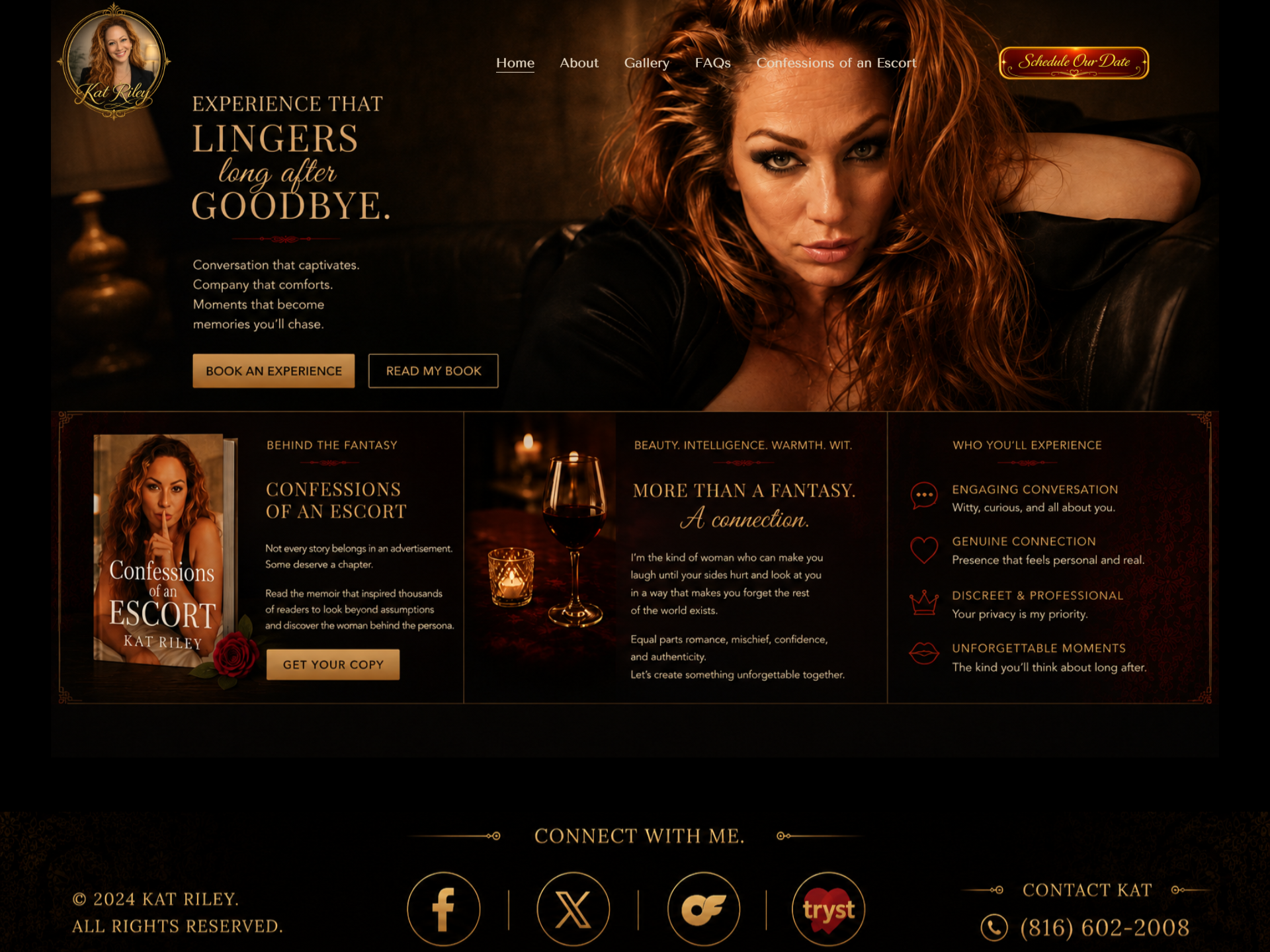 A woman with long red hair sitting on a dark leather couch, staring intently at the camera, with a warm, dimly lit background. The website design features a dark, elegant theme for an escort service.