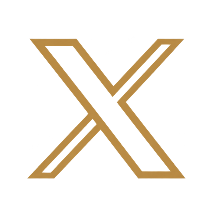 A stylized letter X with a metallic gold finish and black outline.
