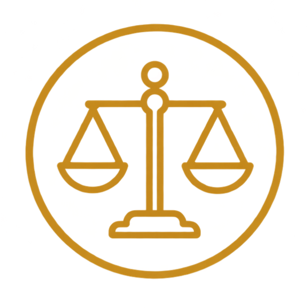Line drawing of a balanced scale inside a yellow circle.