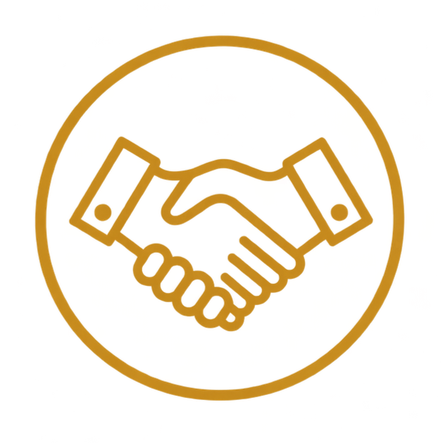 Gold outline icon of a handshake inside a yellow circle.