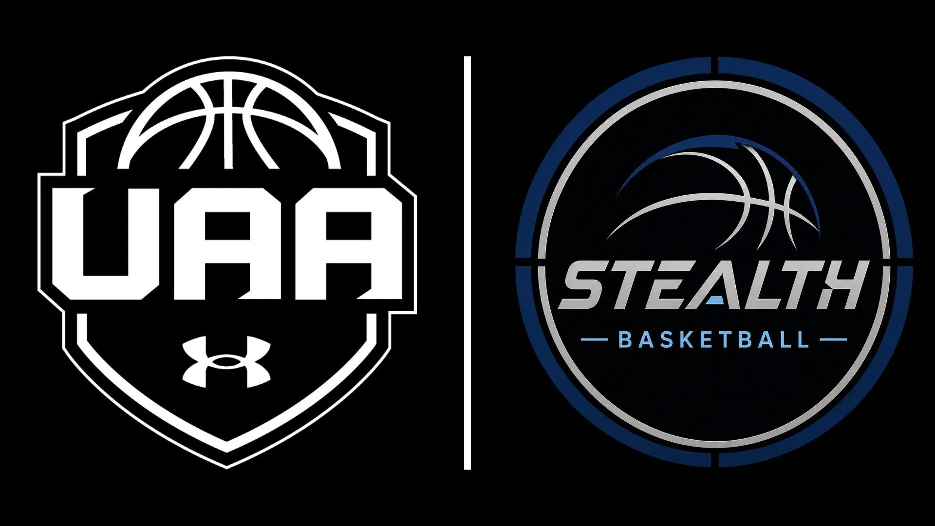 Two black and blue basketball logos on a black background, one with a shield shape featuring the letters "UAA" and the Under Armour logo, and the other with the word "STEALTH" and a stylized basketball design.