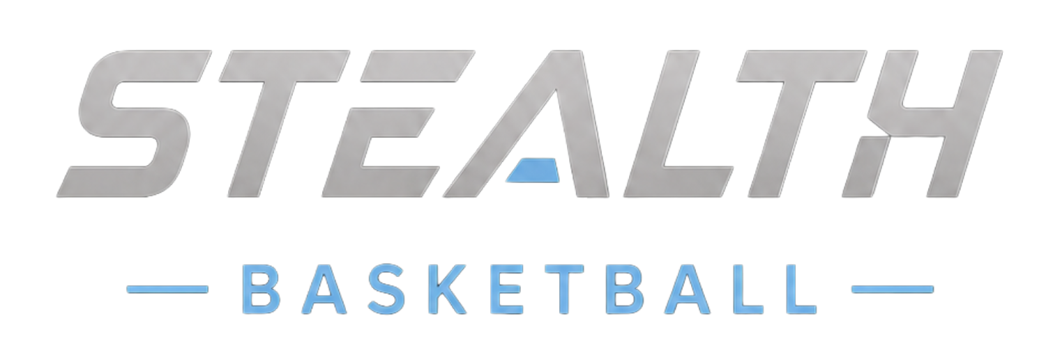 Stealth basketball logo with stylized gray text 'STEALTH' and blue 'BASKETBALL' text underneath, on a black background.