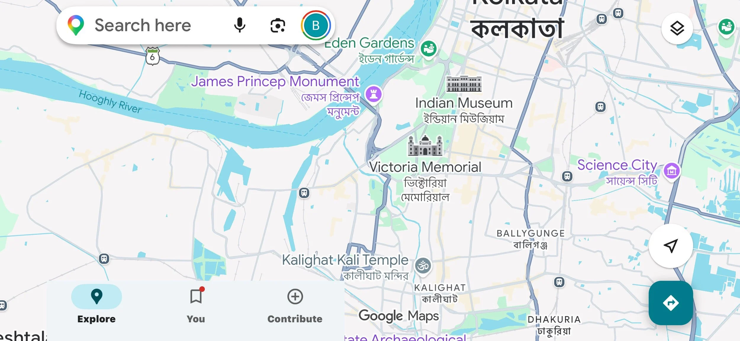 A digital map of Kolkata, India, showing streets, rivers, and landmarks such as the Indian Museum, Victoria Memorial, and Science City.