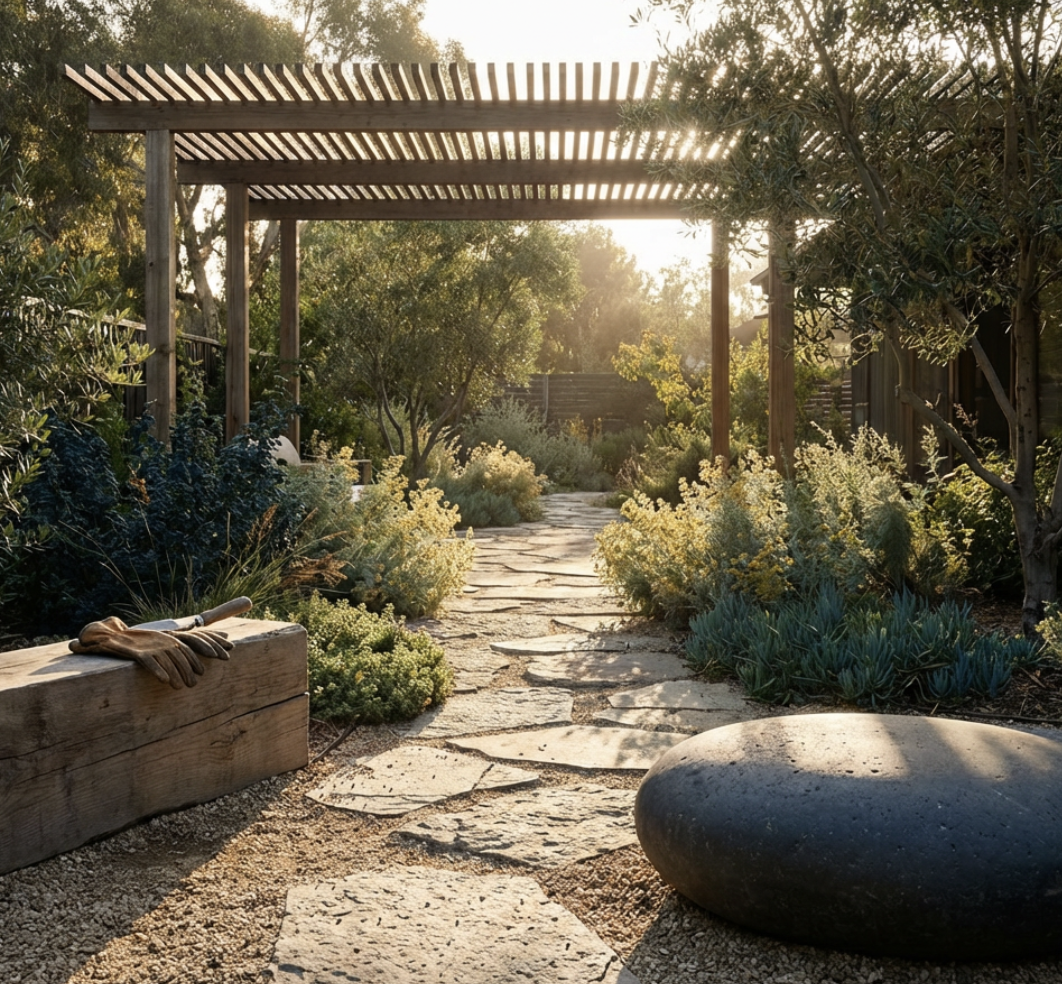 A stone pathway in a garden with lush greenery and flowering plants, shaded by a wooden pergola, illuminated by warm sunlight.