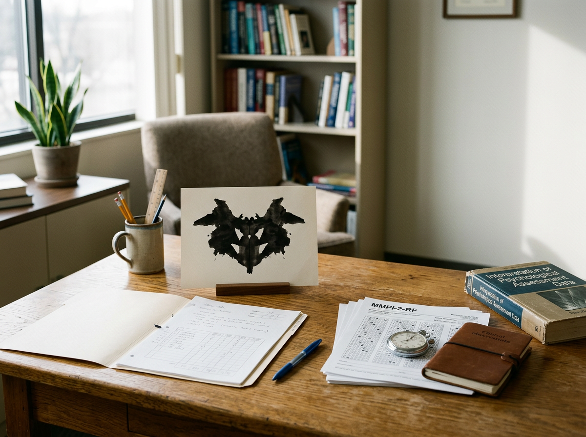 A wooden desk in a well-lit office features a notebook, papers, a blue pen, a stopwatch, a book titled 'Incorporation of Psychometric Assessment Data,' a small card with a black ink inkblot image, a ceramic mug holding pencils and a ruler, a neatly arranged notepad, and a brown leather journal. In the background, there is a chair, a bookshelf filled with books, a window with a plant on the windowsill, and a framed picture on the wall.