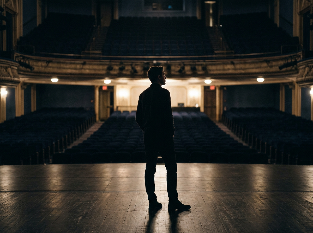 A silhouetted man standing on stage in a dimly lit theater, facing an empty auditorium with multiple rows of seats and a balcony.