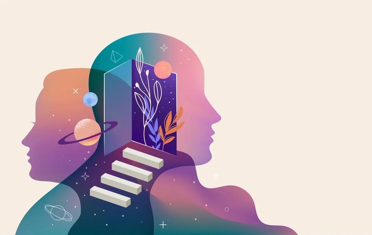 Illustration of two women's profiles with a cosmic background and a door, symbolizing inner discovery and imagination.