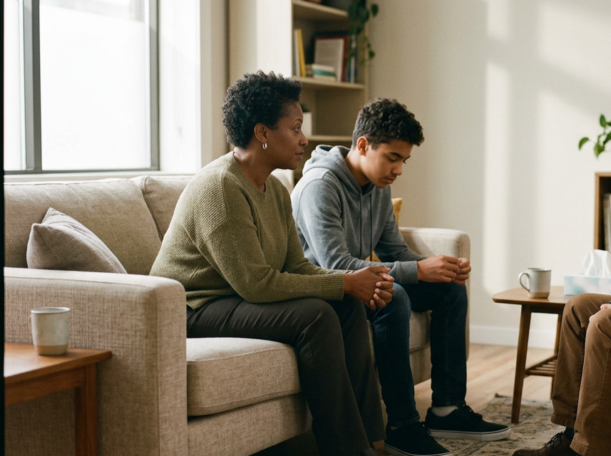 An older woman and a teenage boy sit on a beige sofa in a living room, engaged in a serious conversation. The woman has short curly hair and wears a green sweater, while the boy wears a gray hoodie. There are coffee cups on small wooden tables nearby, and a bookshelf with books in the background.