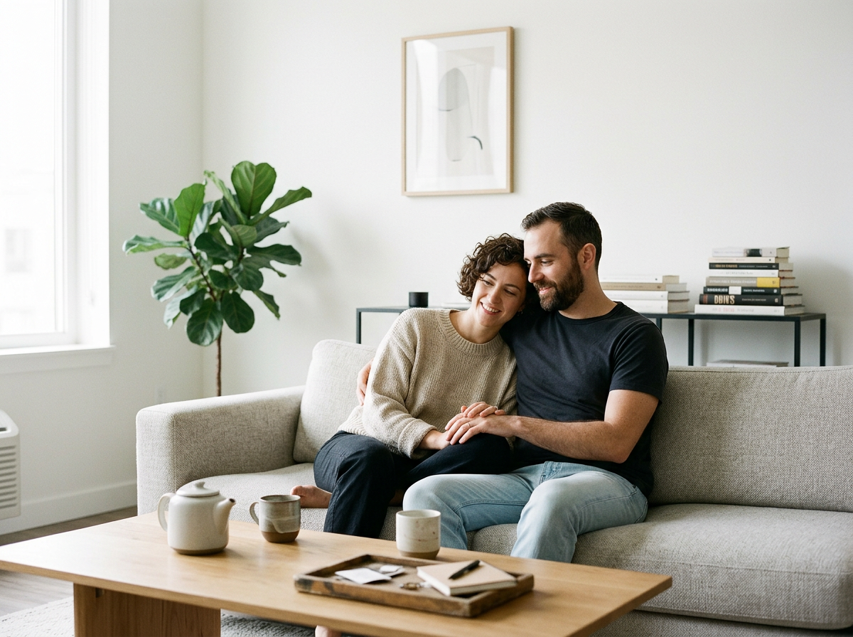 A happy couple sitting on a light gray sofa in a bright living room, smiling and holding hands, with a wooden coffee table and a houseplant nearby.