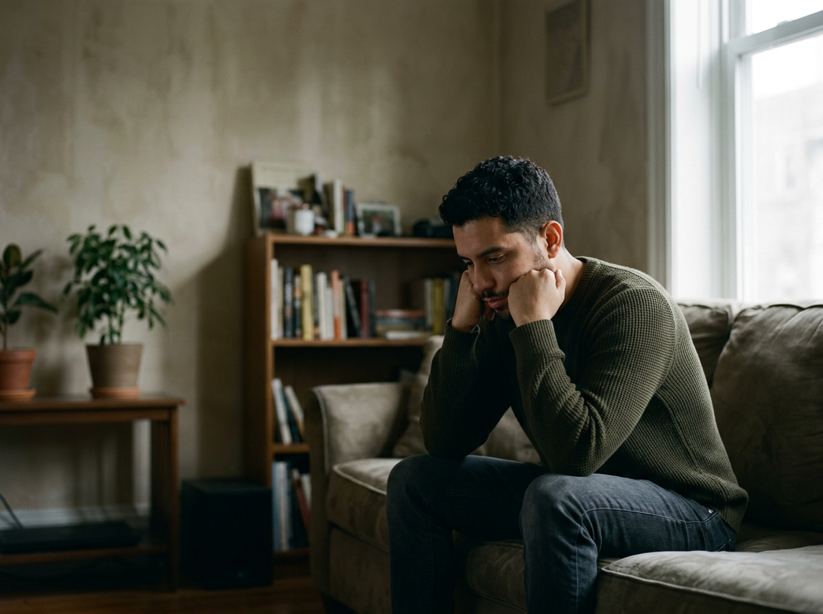 A man sitting on a brown couch in a living room with his hands on his face, looking down in a contemplative or sad mood.