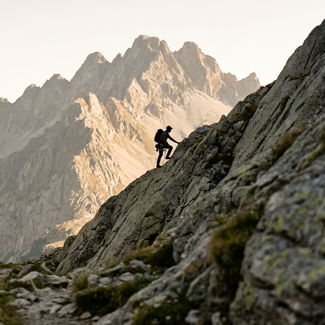 Hiker climbing a rocky mountain slope with a mountain range in the background.