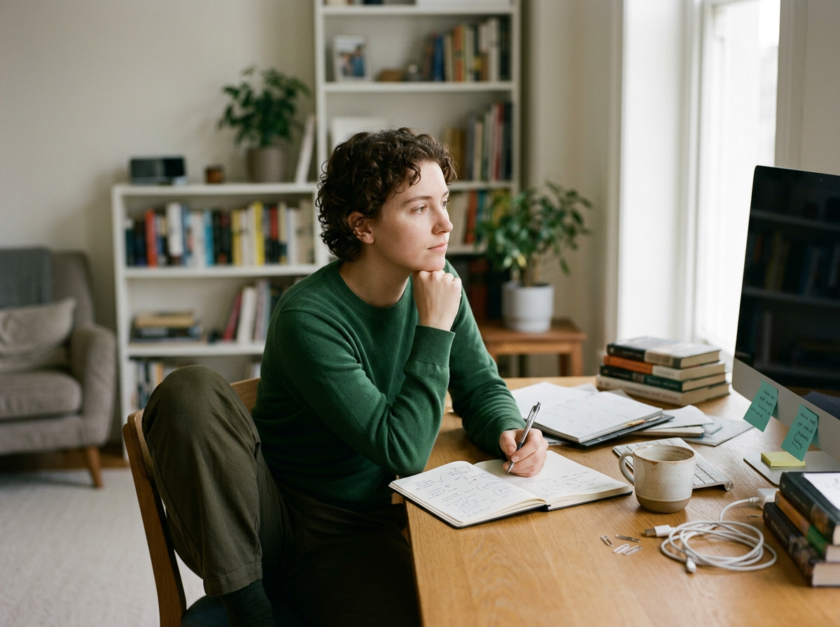 A young woman with curly hair in a green sweater sits at a wooden desk, looking thoughtfully at a computer screen, with notebooks, sticky notes, and a coffee mug on the desk, in a well-lit room with bookshelves and plants in the background.