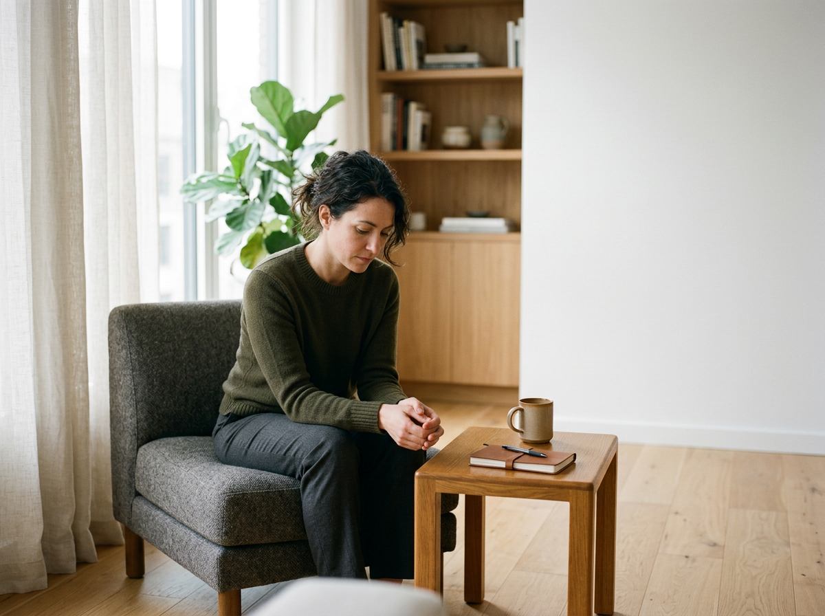 A woman in a green sweater sits on a gray couch in a room with wooden floors and a wooden bookshelf. She is holding her hands together and looking down. A small wooden side table next to her holds a mug, a closed notebook, and a pen. A large window with beige curtains and a green plant are in the background.